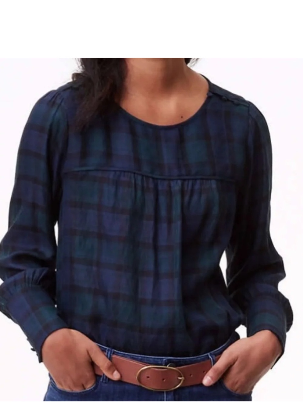 LOFT Navy and Green Plaid Long-Sleeve Blouse, Size M